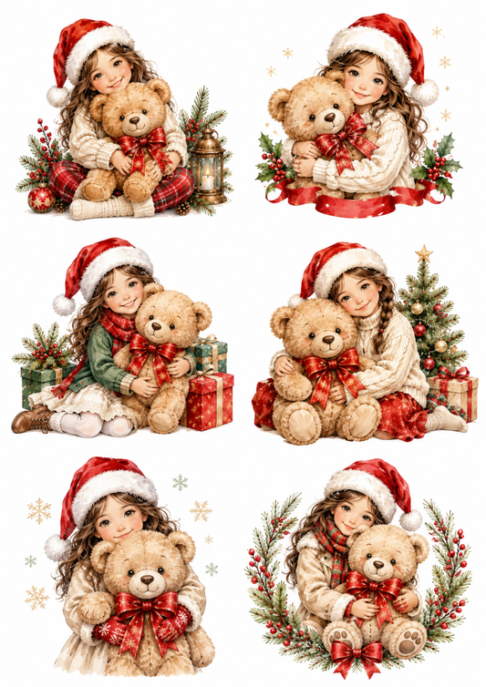 Sticker Sheet / Greeting Card – Girl with Teddy Bear - Christmas Scene Collage Cat. No. 10167