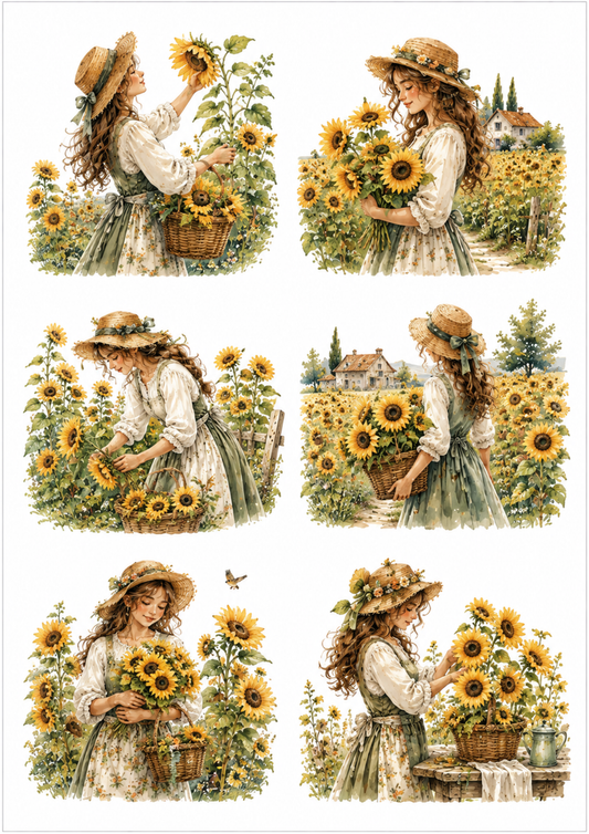 Sticker Sheet / Greeting Card – Girl & Sunflower Field Scene Collage Cat. No. 10180