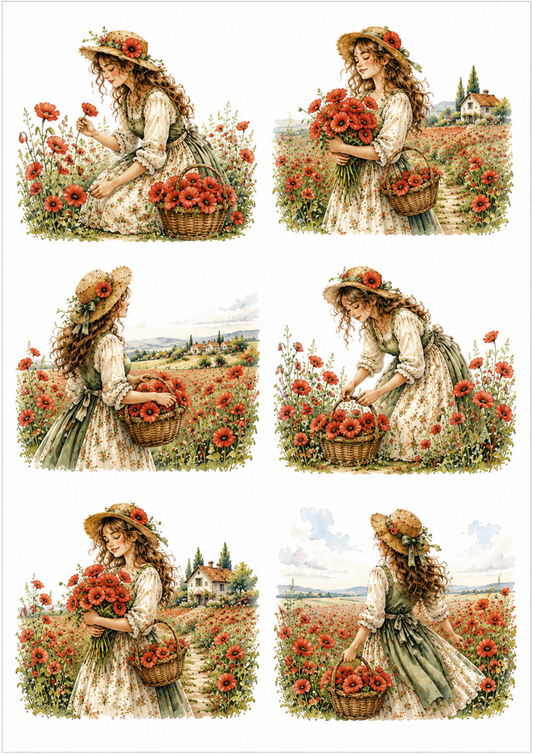 Sticker Sheet / Greeting Card – Girl & Red Poppies Field Scene Collage Cat. No. 10181