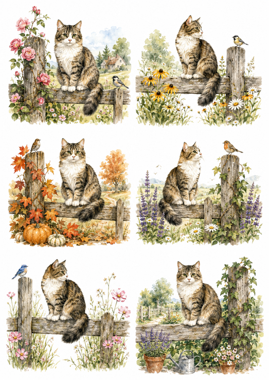 Sticker Sheet / Greeting Card – Cat Sitting on the Garden Gate Collage Cat. No. 10183