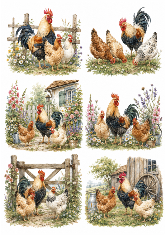 Sticker Sheet / Greeting Card – Rooster & Hens Collage Cat. No. 10184