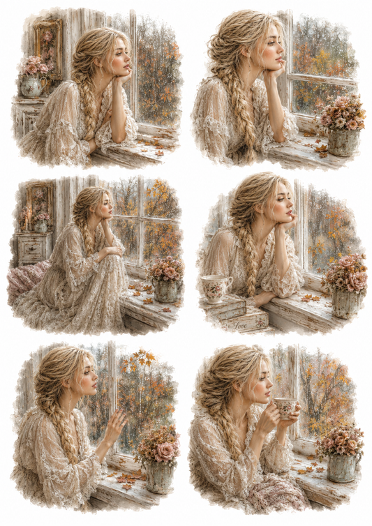 Sticker Sheet / Greeting Card – Waiting for Autumn Nostalgic Girl Collage Cat. No. 10191