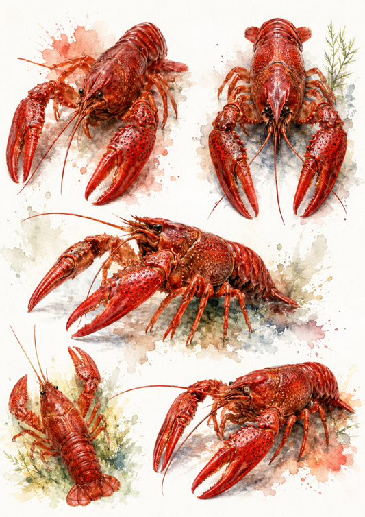 Sticker Sheet / Greeting Card – Red Crayfish Collage Cat. No. 10199