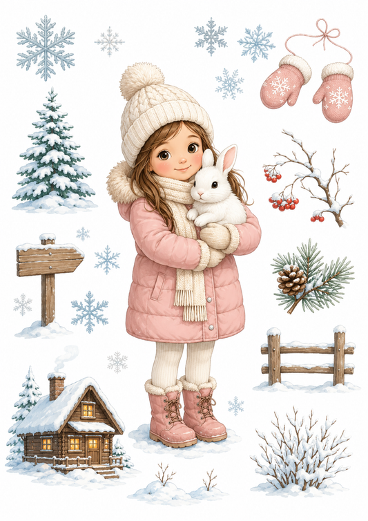 Sticker Sheet / Greeting Card – Winter Girl with Rabbit Collage Cat. No. 10206