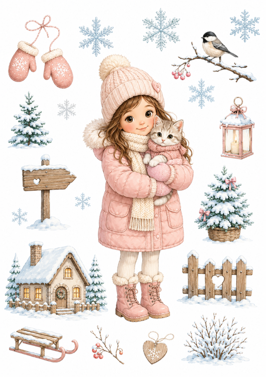 Sticker Sheet / Greeting Card – Winter Girl with Cat Collage Cat. No. 10207