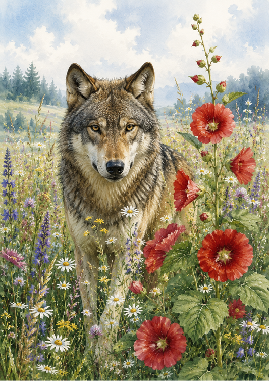 Sticker Sheet / Greeting Card – Wolf in the Floral Meadow Full Cat. No. 10211