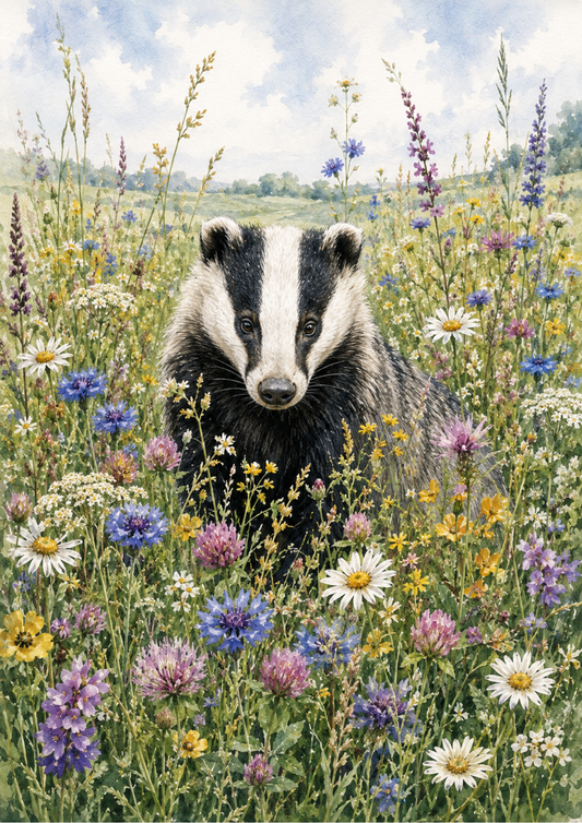 Sticker Sheet / Greeting Card – Badger in the Floral Meadow Full Cat. No. 10212
