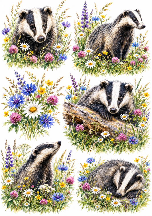 Sticker Sheet / Greeting Card – Badger in a Meadow Collage Cat. No. 10218