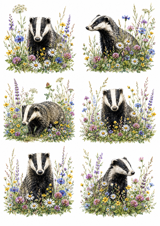 Sticker Sheet / Greeting Card – Badger in a Floral Meadow Collage Cat. No. 10219