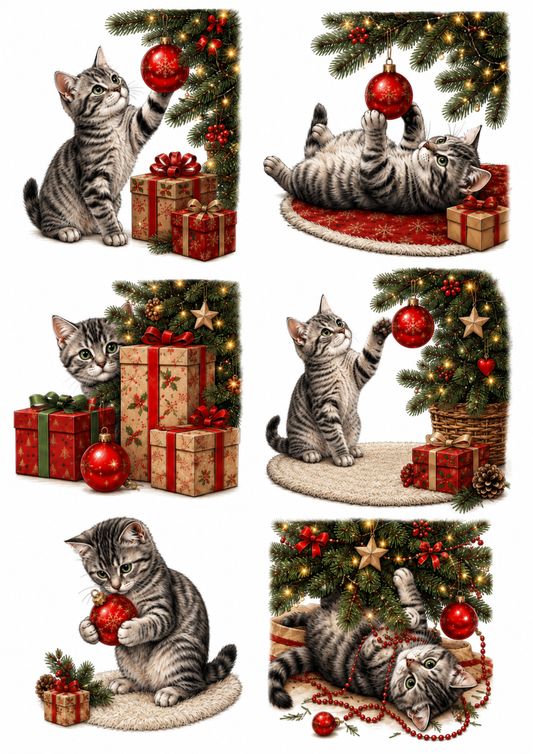 Sticker Sheet / Greeting Card – Cat Playing with Christmas Bauble Collage Cat. No. 10220