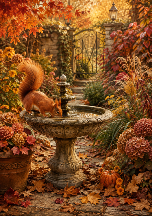 Sticker Sheet / Greeting Card – Thirsty Squirrel in the Garden Fontaine Full Cat. No. 10230