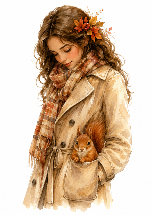 Sticker Sheet / Greeting Card – Autumn Girl & Squirrel in the Pocket Full Cat. No. 10233