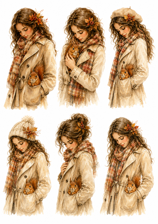 Sticker Sheet / Greeting Card – Autumn Girl & Squirrel in the Pocket Collage Cat. No. 10234