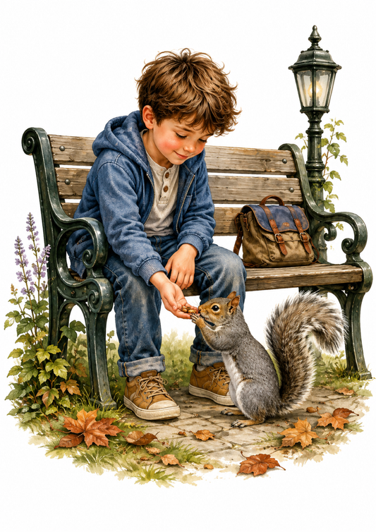 Sticker Sheet / Greeting Card – Boy & Squirrel at Park Collage Cat. No. 10235