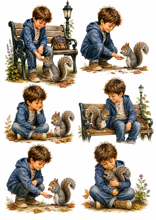 Sticker Sheet / Greeting Card – Boy & Squirrel at Park Collage Cat. No. 10236