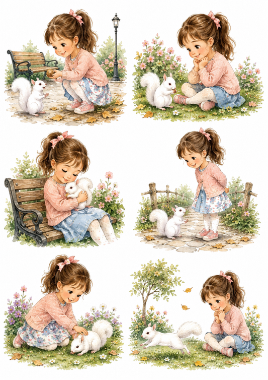 Sticker Sheet / Greeting Card – Girl & White Squirrel at Park Collage Cat. No. 10237