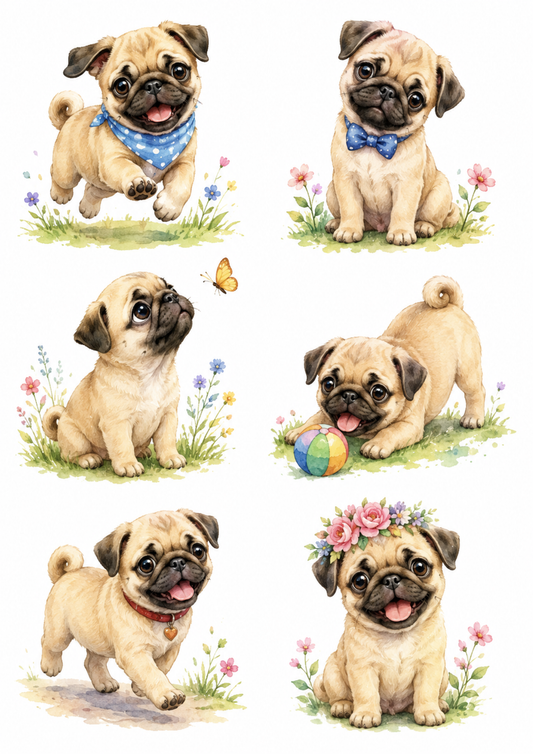 Sticker Sheet / Greeting Card – Cute Pug Puppy Collage Cat. No. 10240