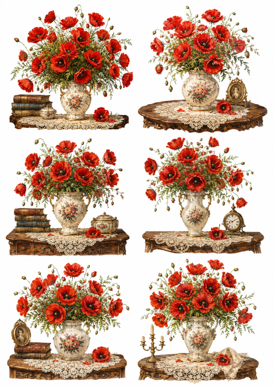 Sticker Sheet / Greeting Card – Red Poppies in Vase Collage Cat. No. 10247