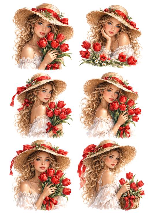 Sticker Sheet / Greeting Card – Romantic Girl with Tulips Collage Cat. No. 10291