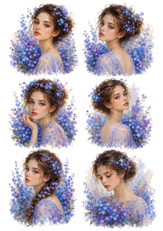 Sticker Sheet / Greeting Card – Romantic Blue Floral Girl Portrait Collage Cat. No. 10294
