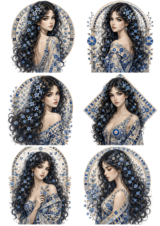 Sticker Sheet / Greeting Card – Klimt Woman in Blue Collage Cat. No. 10296