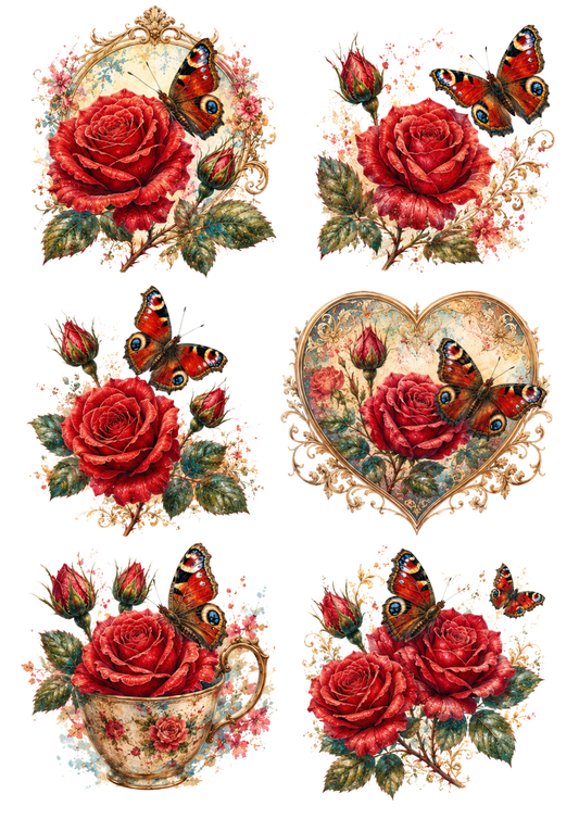 Sticker Sheet / Greeting Card – Red Roses Compositions Collage Cat. No. 10298