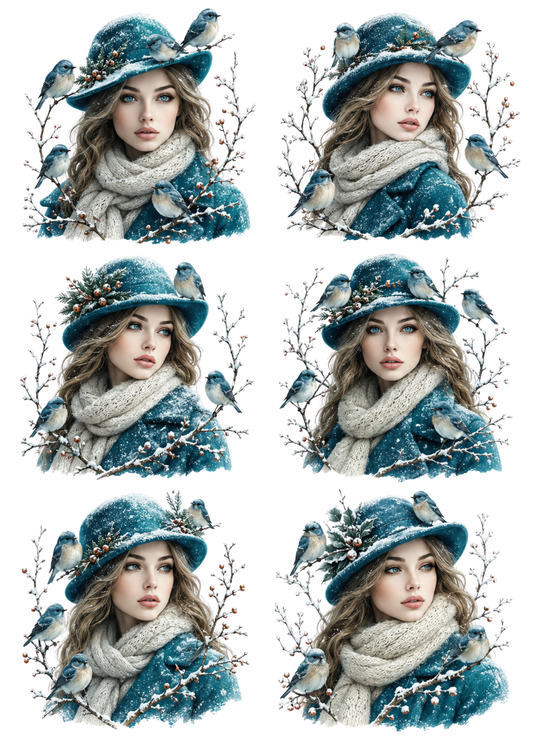 Sticker Sheet / Greeting Card – Elegance Woman & Little Sparrows Collage Cat. No. 10301