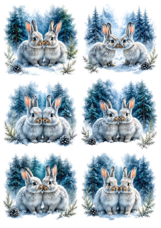 Sticker Sheet / Greeting Card – Cute White Winter Rabbits Collage Cat. No. 10306