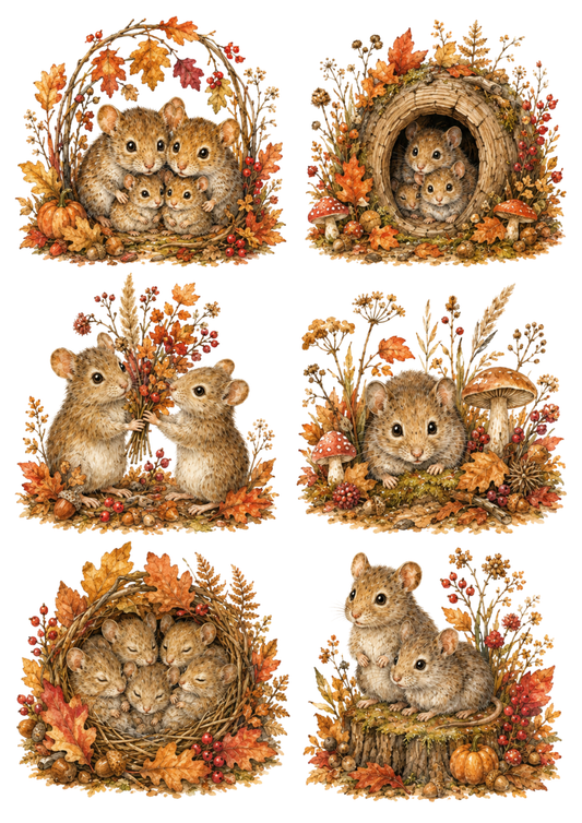 Sticker Sheet / Greeting Card – Mouse Family Nest in Autumn Forest Collage Cat. No. 10316