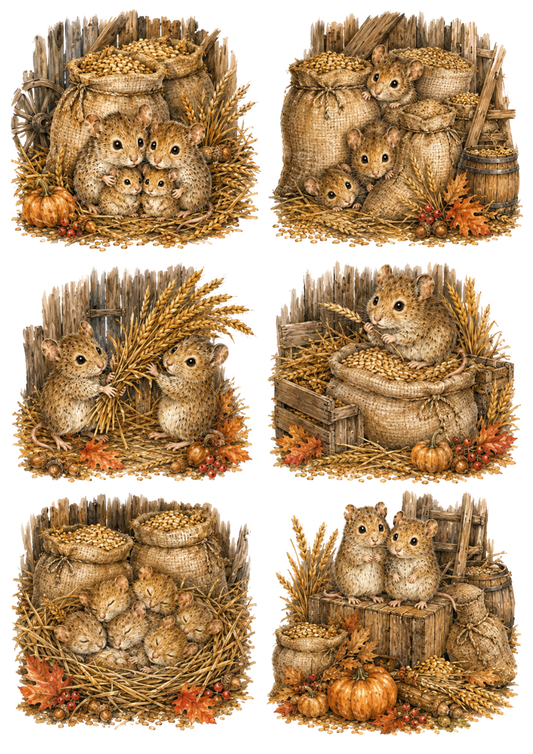 Sticker Sheet / Greeting Card – Harvest Mice in A Rustic Barn Collage Cat. No. 10317
