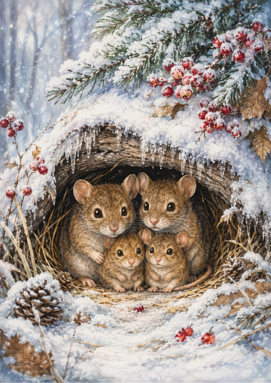 Sticker Sheet / Greeting Card – Cozy Winter Mouse Family Burrow Collage Cat. No. 10318