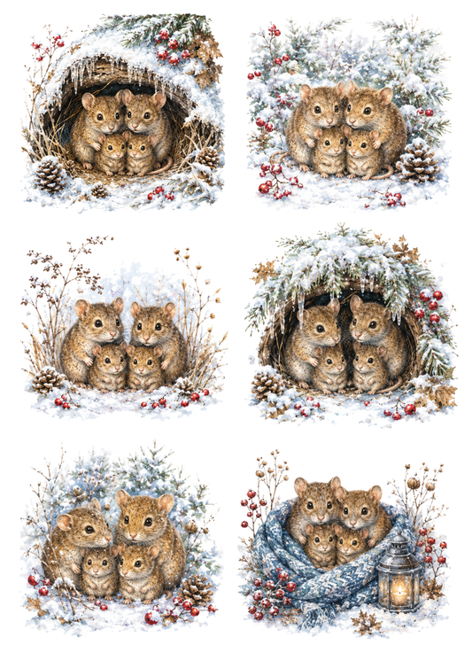 Sticker Sheet / Greeting Card – Cozy Winter Mouse Family Burrow Collage Cat. No. 10319