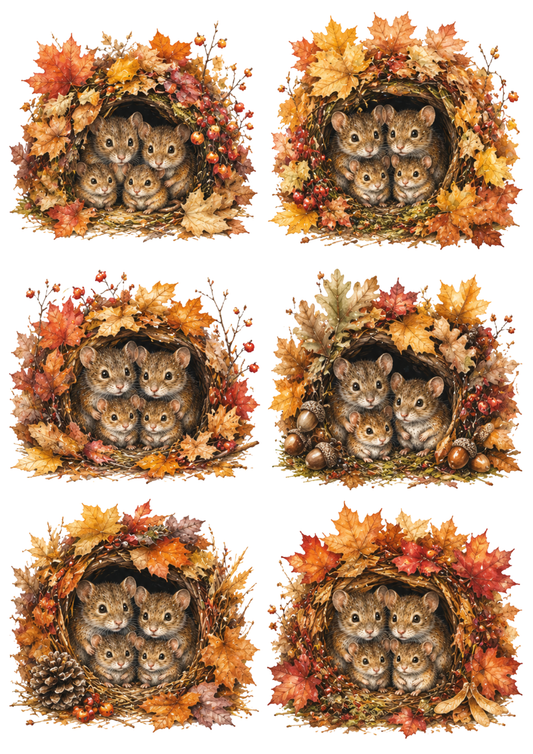 Sticker Sheet / Greeting Card – Cozy Autumn Mouse Family Burrow Collage Cat. No. 10320