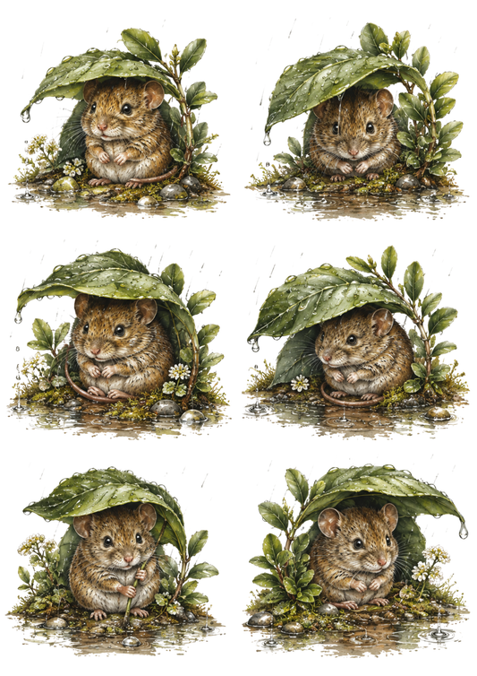Sticker Sheet / Greeting Card – Mouse's Leaf Umbrella Collage Cat. No. 10321