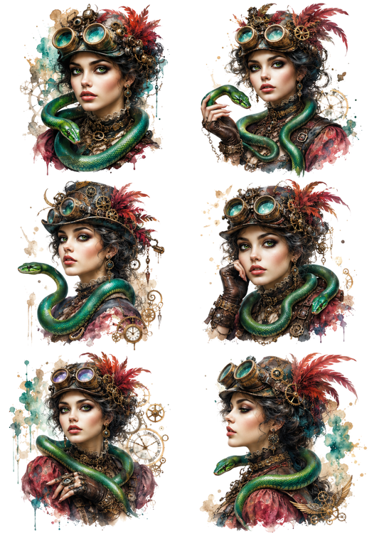 Sticker Sheet / Greeting Card – Steampunk Woman with Snake Collage Cat. No. 10324