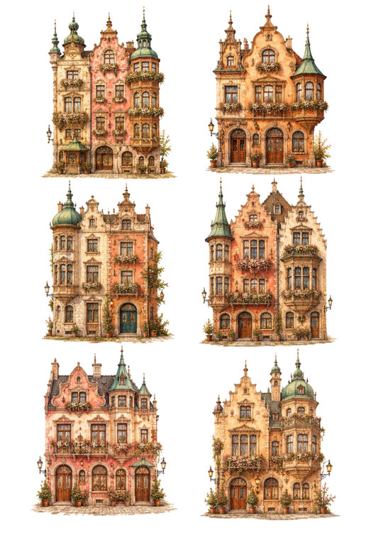 Sticker Sheet / Greeting Card – Ornate Pastel European Townhouses Collage Cat. No. 10325