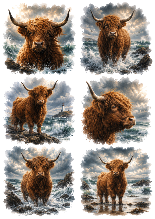 Sticker Sheet / Greeting Card – Dramatic Ocean & Highland Cow Collage Cat. No. 10327