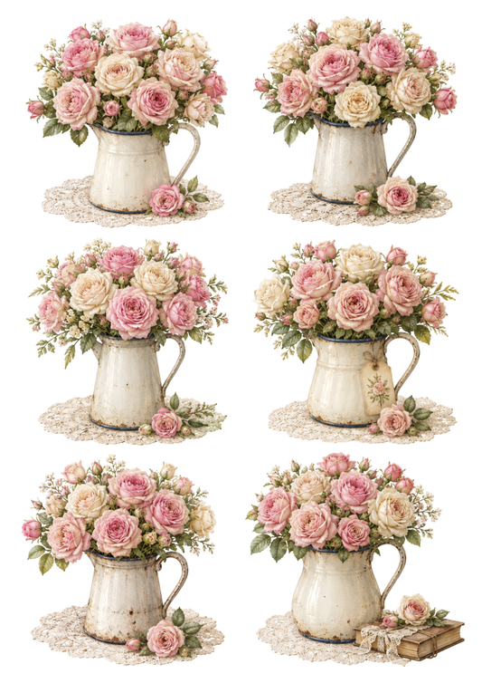 Sticker Sheet / Greeting Card – Pink Roses Jug Collage Cat. No. 10331