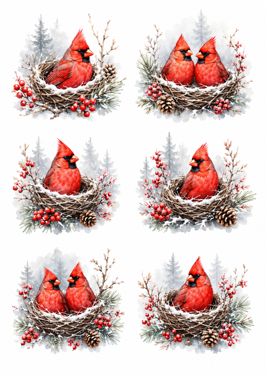 Sticker Sheet / Greeting Card – Winter Cardinals Nest Collage Cat. No. 10333