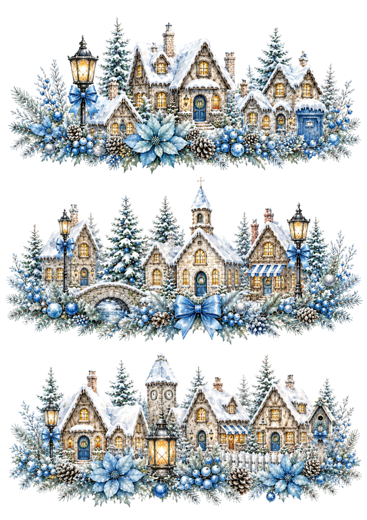 Sticker Sheet / Greeting Card – Christmas Town Garlands in Blue Tones Collage Cat. No. 10340