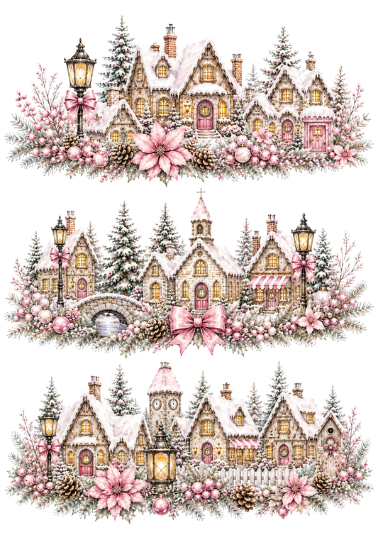 Sticker Sheet / Greeting Card – Christmas Town Garlands in Pink Tones Collage Cat. No. 10341
