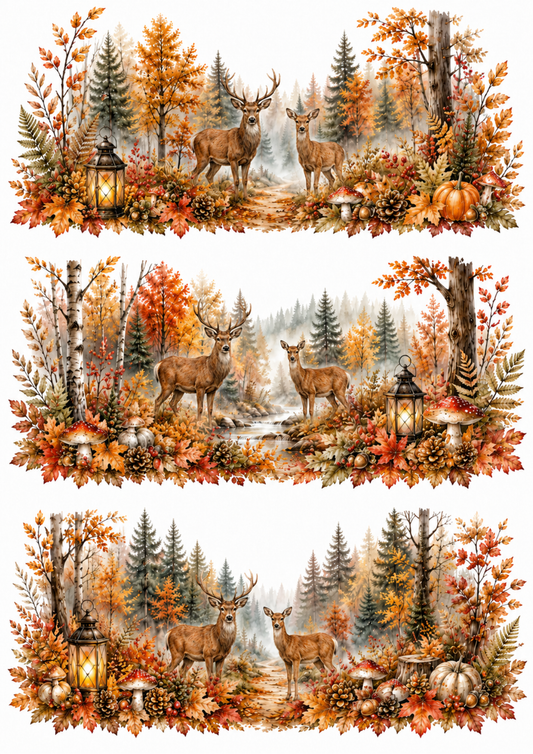 Sticker Sheet / Greeting Card – Misty Autumn Forest & Deer Family Collage Cat. No. 10344