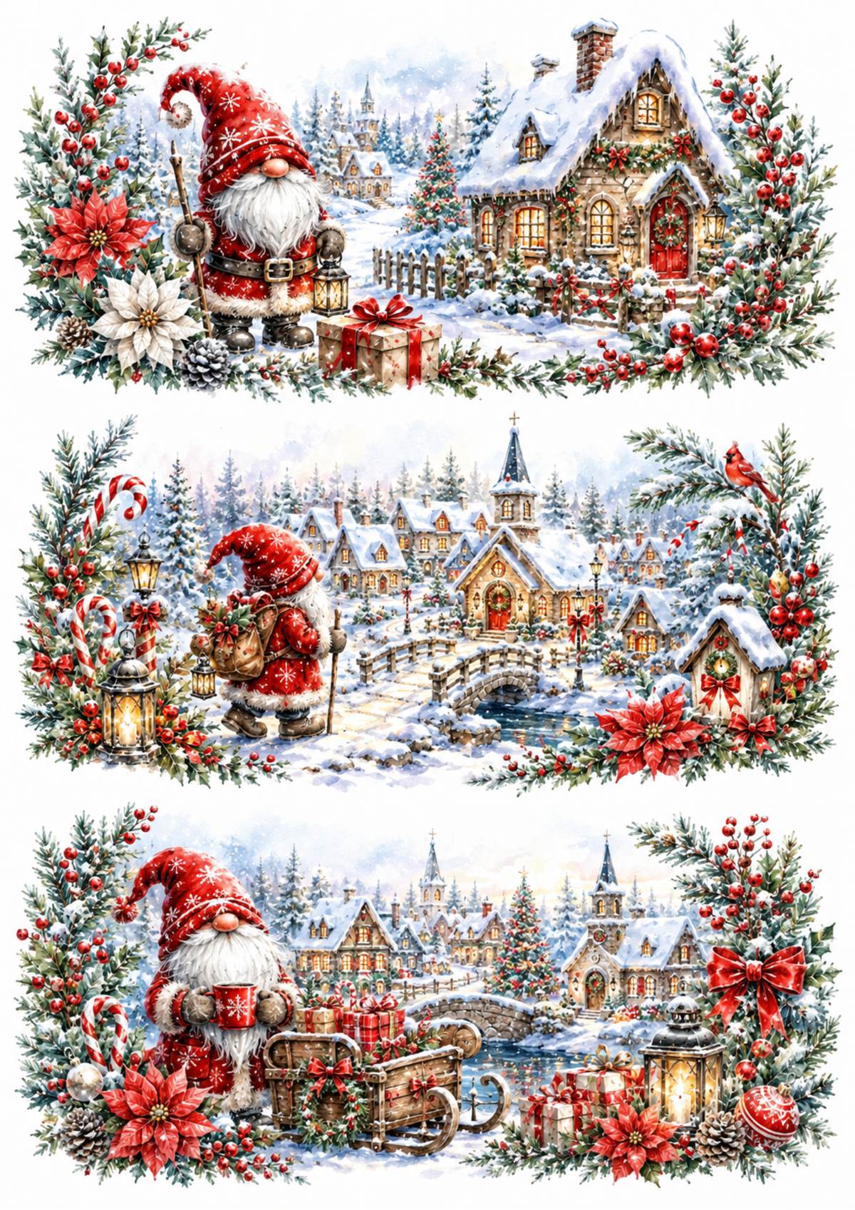 Sticker Sheet / Greeting Card – Whimsical Gnome Christmas Village Triptych Collage Cat. No. 10346