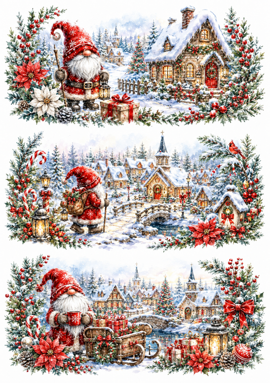 Sticker Sheet / Greeting Card – Whimsical Gnome Christmas Village Triptych Collage Cat. No. 10346