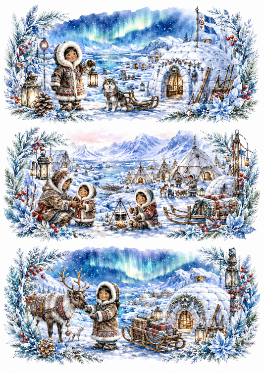 Sticker Sheet / Greeting Card – Whimsical Inuit Christmas Village Triptych Collage Cat. No. 10347