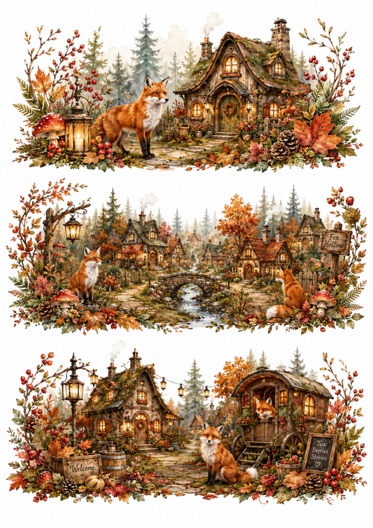 Sticker Sheet / Greeting Card – Enchanted Fox Hollow Village Vignettes Collage Cat. No. 10349