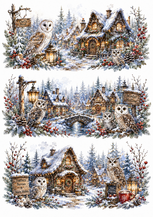 Sticker Sheet / Greeting Card – Whimsical Owl Village Winter Triptych Collage Cat. No. 10350