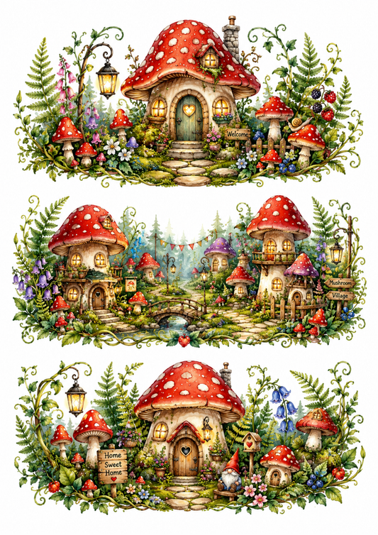 Sticker Sheet / Greeting Card – Enchanted Mushroom Village Triptych Collage Cat. No. 10351