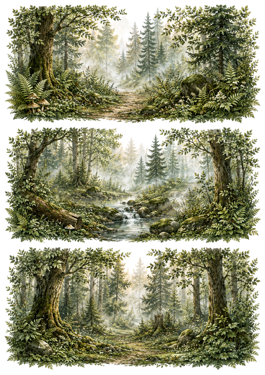 Sticker Sheet / Greeting Card – Green Misty Woodland Collage Cat. No. 10354
