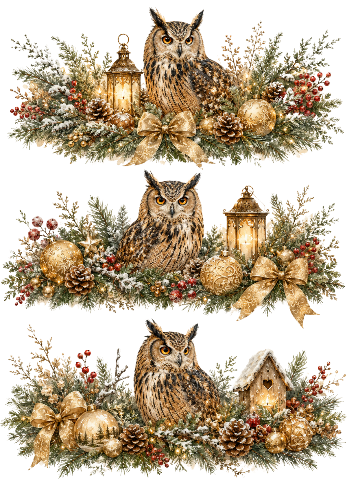 Sticker Sheet / Greeting Card – Snowy Owl Christmas Garlands Collage Cat. No. 10362
